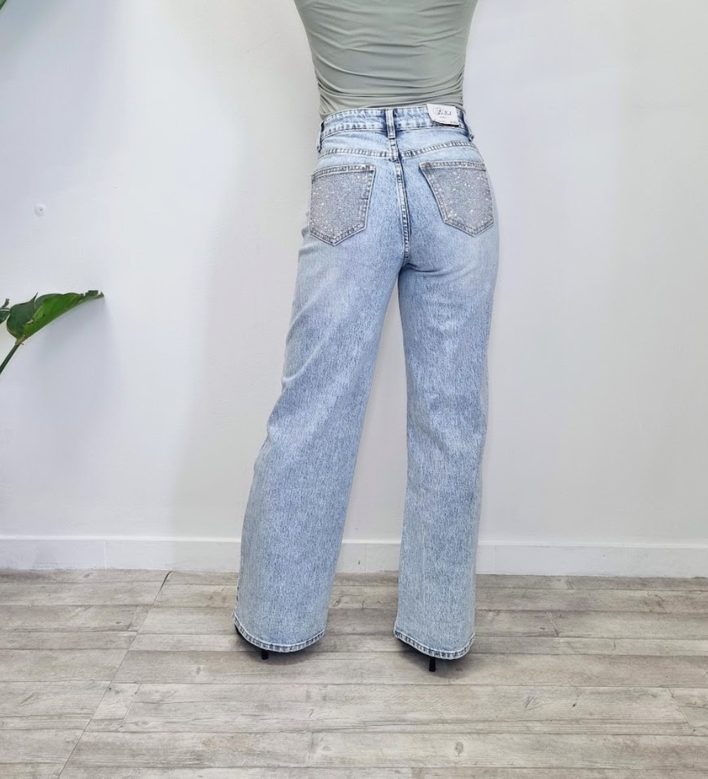 Jeans Wide Leg "Diamond Back" – Denim Chiaro con Tasche Strass
