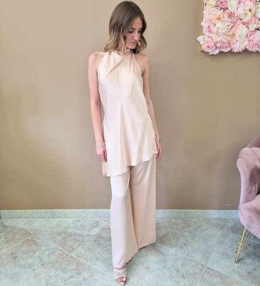 Completo Coordinato  Glam - Top Asimmetrico Halter e Pantaloni Palazzo - Rosa Cipria