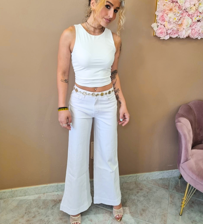 Jeans Wide Leg Pure White con Dettaglio Chain