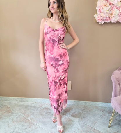 Abito Midi Sottoveste a Fantasia Floreale Rosa