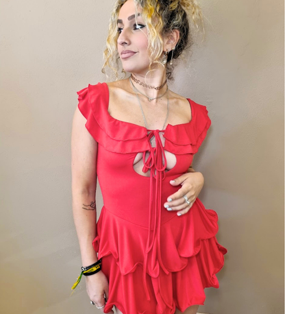 Mini Abito Rosso pantaloncino integrato Flirty con Volant