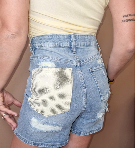 Shorts Denim con Tasca gialla e Strass