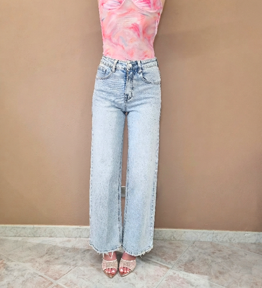 Jeans a Gamba Larga Effetto Delavé con Strass All-Over