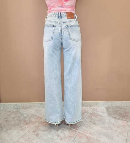 Jeans a Gamba Larga Effetto Delavé con Strass All-Over