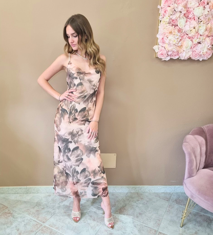Abito Midi Sottoveste a Fantasia Floreale Beige