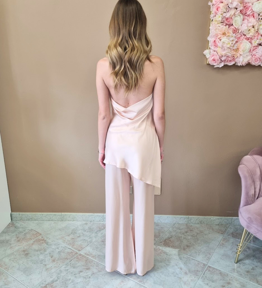 Completo Coordinato  Glam - Top Asimmetrico Halter e Pantaloni Palazzo - Rosa Cipria