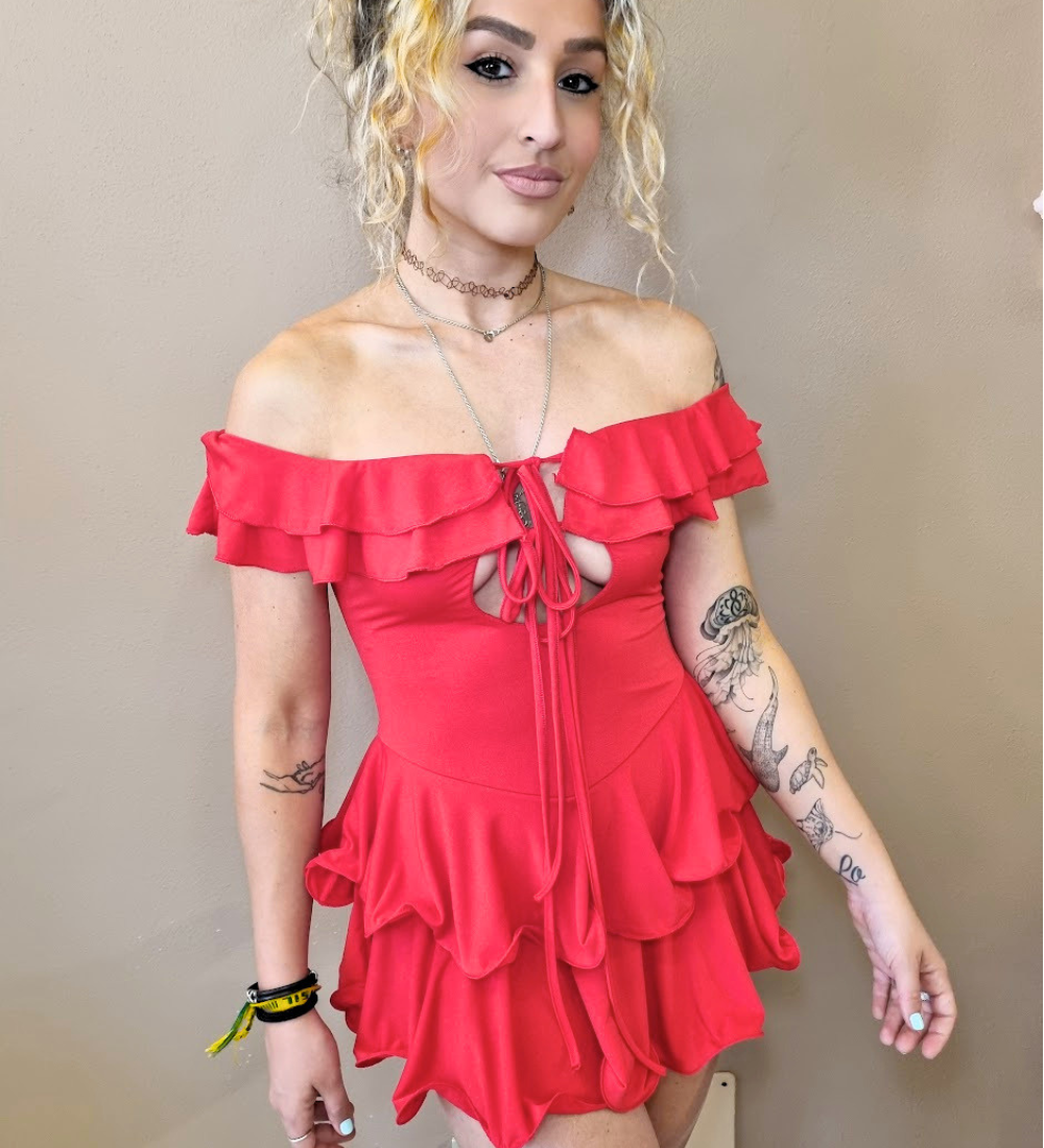 Mini Abito Rosso pantaloncino integrato Flirty con Volant