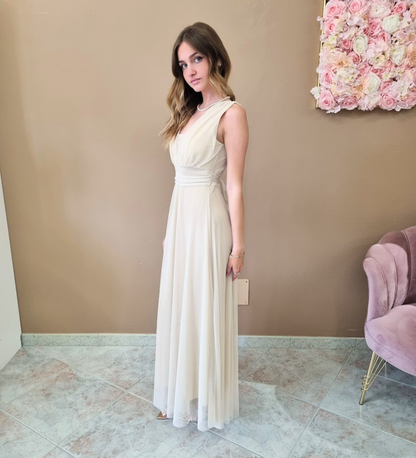 Abito Lungo Aura in Chiffon con Scollo a V Profondo e Fiocco Posteriore - Crema