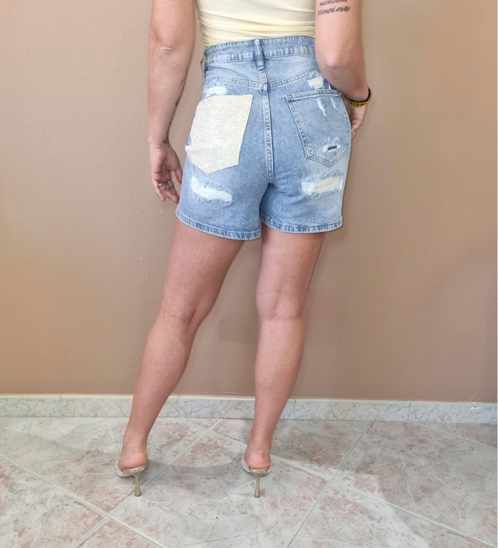Shorts Denim con Tasca gialla e Strass