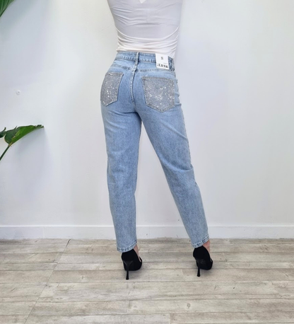 Jeans "Glow Back" – Denim Lavaggio Chiaro con Tasche Strass