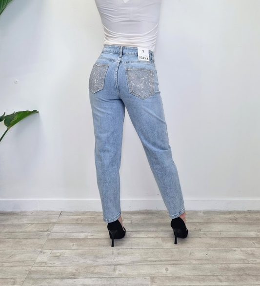 Jeans "Glow Back" – Denim Lavaggio Chiaro con Tasche Strass