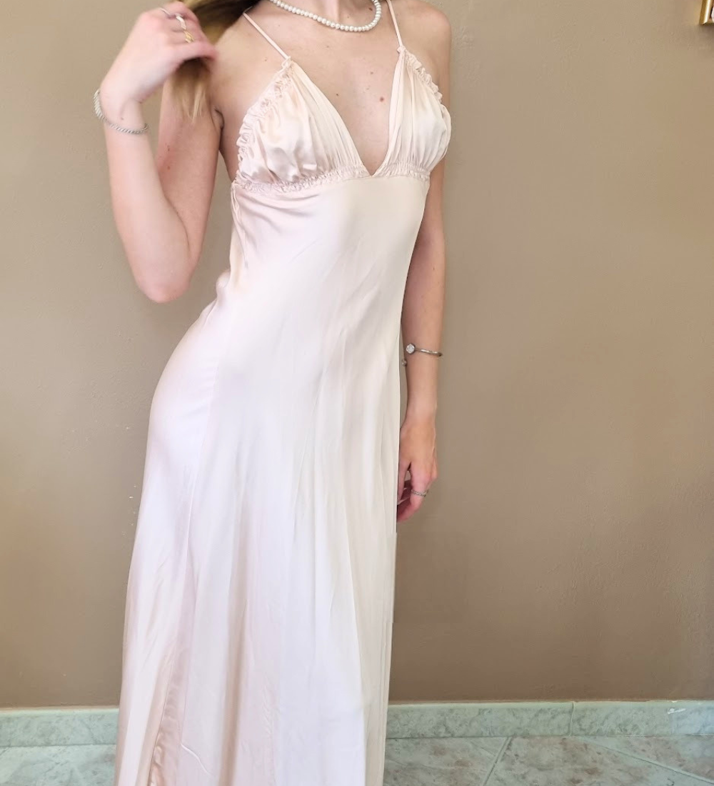 Abito Lungo Satin Dream con Scollo a V e Spalline Sottili - Rosa Cipria