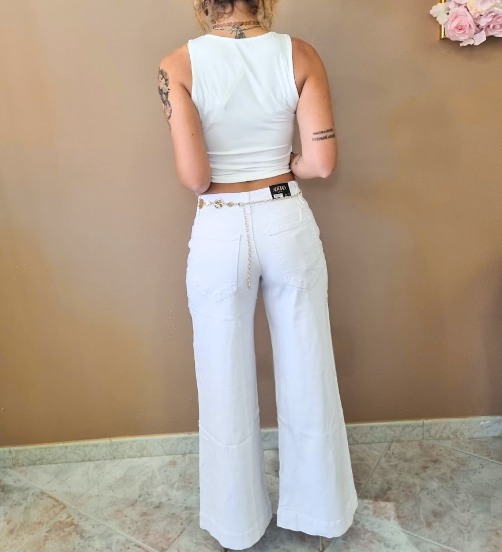 Jeans Wide Leg Pure White con Dettaglio Chain