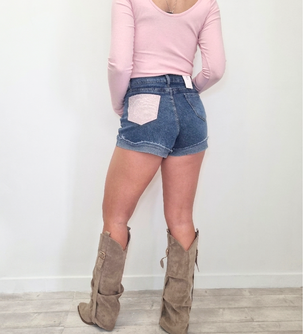 Short in Denim Blu Medium Wash con Tasca Glitter