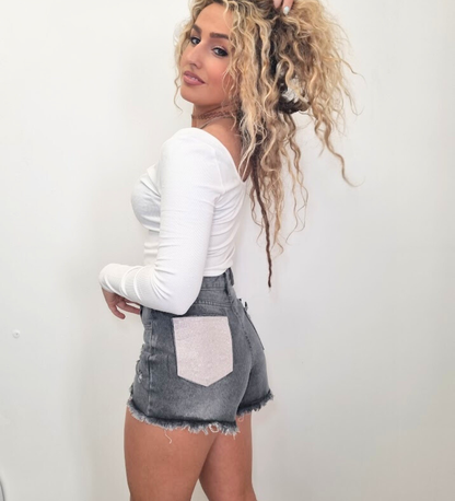 Short in Denim Grigio con Tasca Sparkling