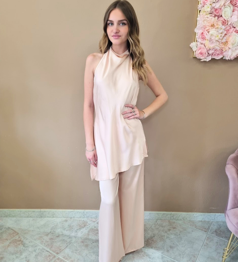 Completo Coordinato  Glam - Top Asimmetrico Halter e Pantaloni Palazzo - Rosa Cipria