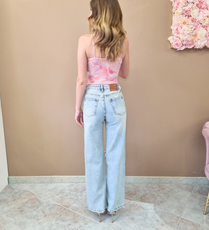 Jeans a Gamba Larga Effetto Delavé con Strass All-Over
