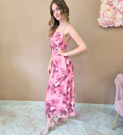 Abito Midi Sottoveste a Fantasia Floreale Rosa