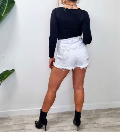 Shorts in Denim Bianco Distressed con Strass