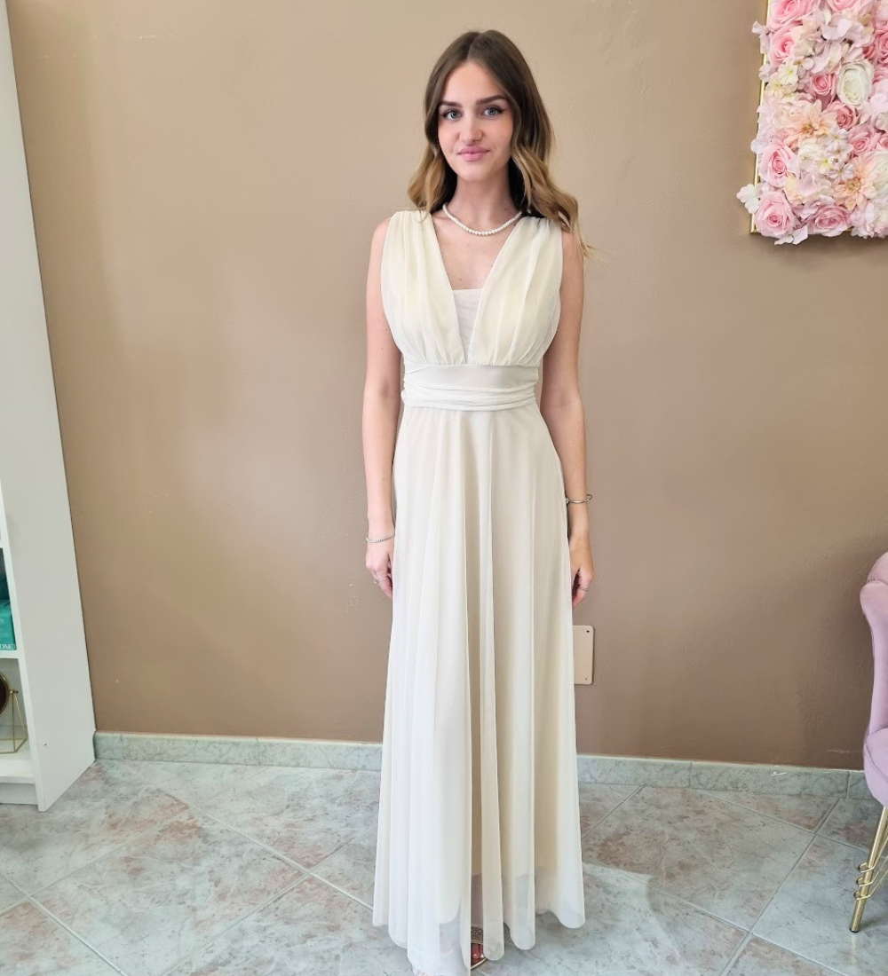 Abito Lungo Aura in Chiffon con Scollo a V Profondo e Fiocco Posteriore - Crema