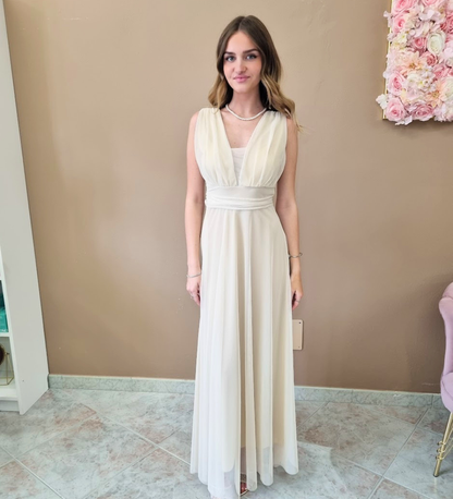 Abito Lungo Aura in Chiffon con Scollo a V Profondo e Fiocco Posteriore - Crema
