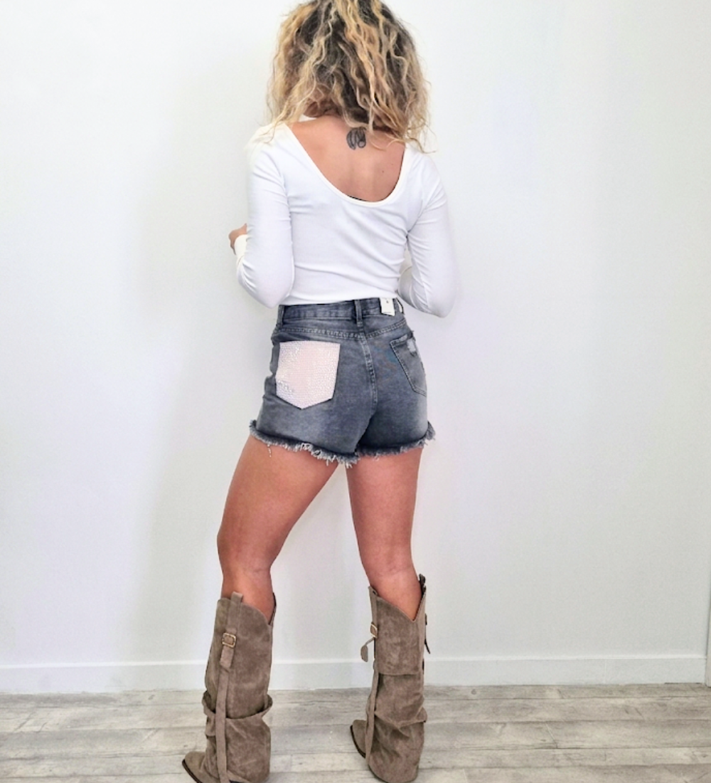 Short in Denim Grigio con Tasca Sparkling