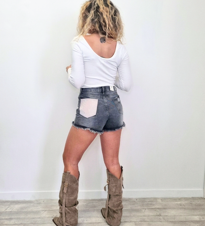 Short in Denim Grigio con Tasca Sparkling
