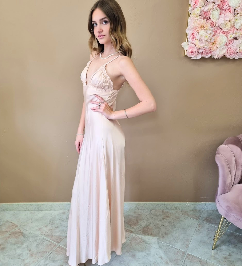 Abito Lungo Satin Dream con Scollo a V e Spalline Sottili - Rosa Cipria