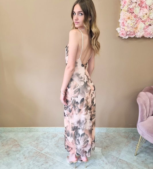 Abito Midi Sottoveste a Fantasia Floreale Beige