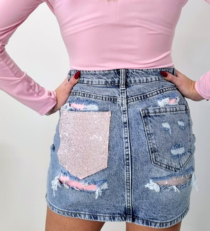 Minigonna Denim "Pink Glow" – Effetto Distressed & Strass
