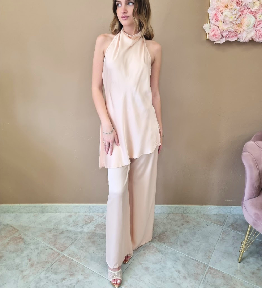 Completo Coordinato  Glam - Top Asimmetrico Halter e Pantaloni Palazzo - Rosa Cipria