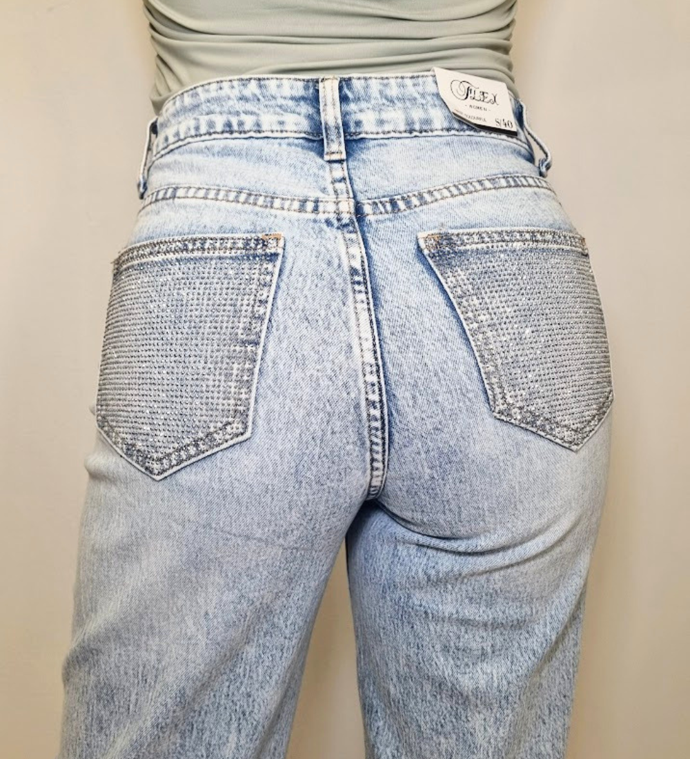 Jeans Wide Leg "Diamond Back" – Denim Chiaro con Tasche Strass