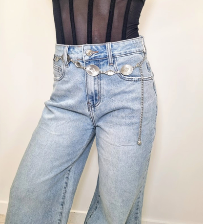 Jeans Wide-Leg Lavaggio Chiaro Con Cintura A Catena