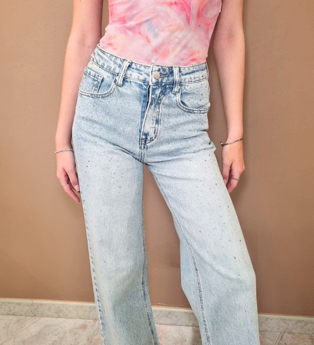 Jeans a Gamba Larga Effetto Delavé con Strass All-Over