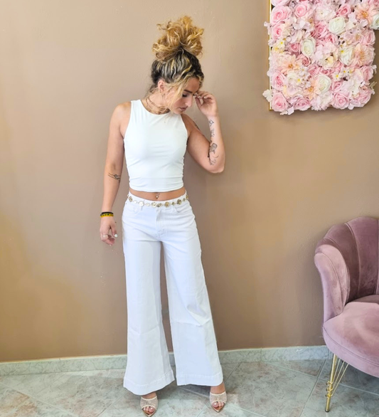 Jeans Wide Leg Pure White con Dettaglio Chain