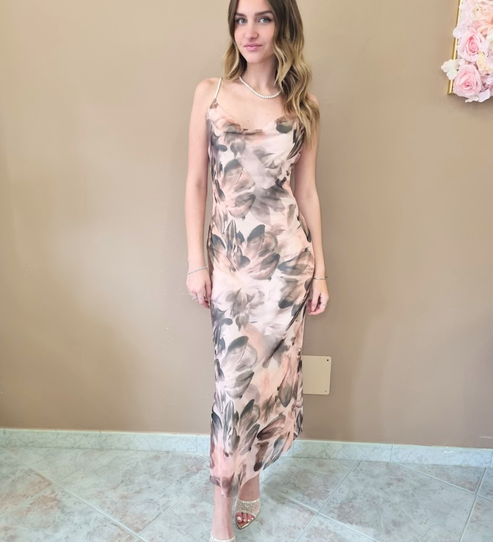 Abito Midi Sottoveste a Fantasia Floreale Beige
