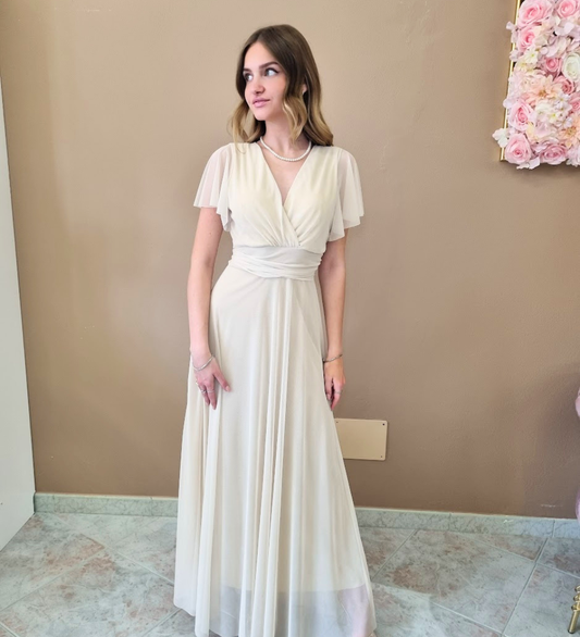 Abito Lungo in Chiffon con Scollo a V e Maniche a Farfalla - Crema